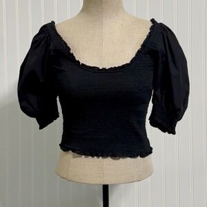Hill House Home The Aiko Nap Top Black‎ Smocked Puff Sleeve Crop Blouse Medium